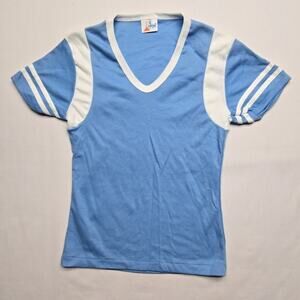 Vintage Le Riche Blank Shirt Blue White V-Neck Striped Womens Small Tee
